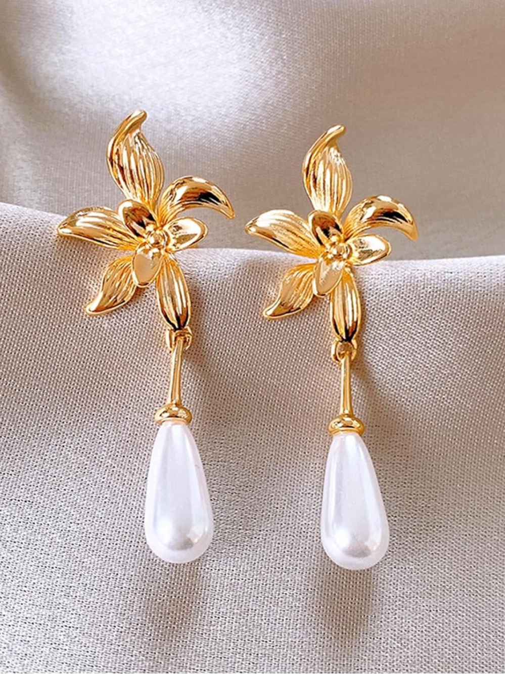 Gold Orchid Pearl Drop Earrings | Elegant Floral Statement Earrings